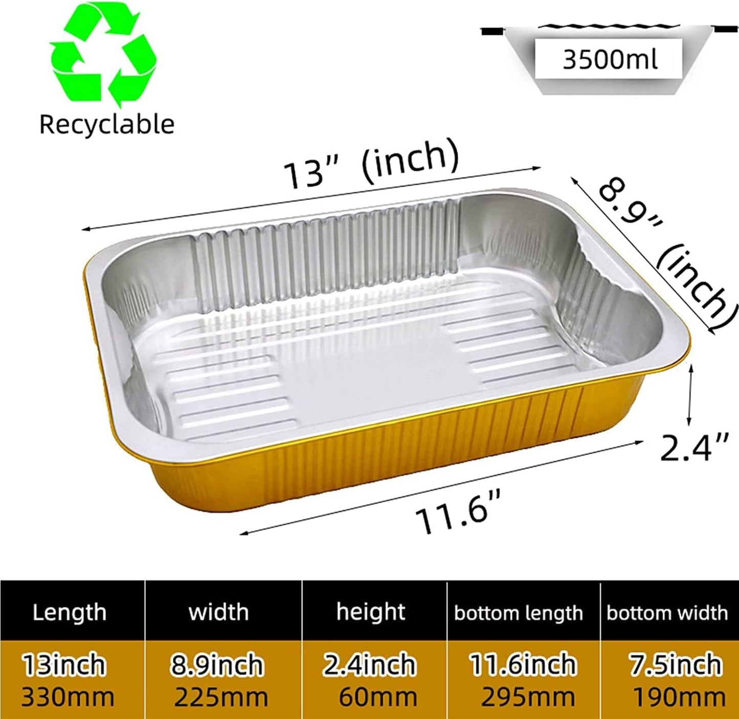 13 "x9" aluminum foil baking pan（3500ml）tray,steaming table tray, gold thickened disposable pot for cooking and heating
