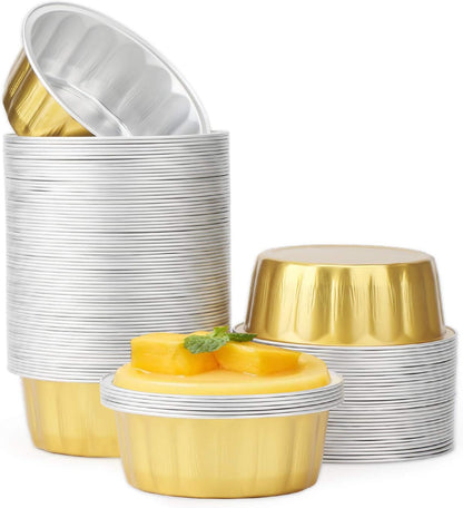 8 oz 100 Pack Disposable Foil Cups Baking Utility 3.9" Cup Muffin Cupcake Aluminum Baking Cup Mini Pudding Souffle Cups for Party Wedding Birthday - Gold