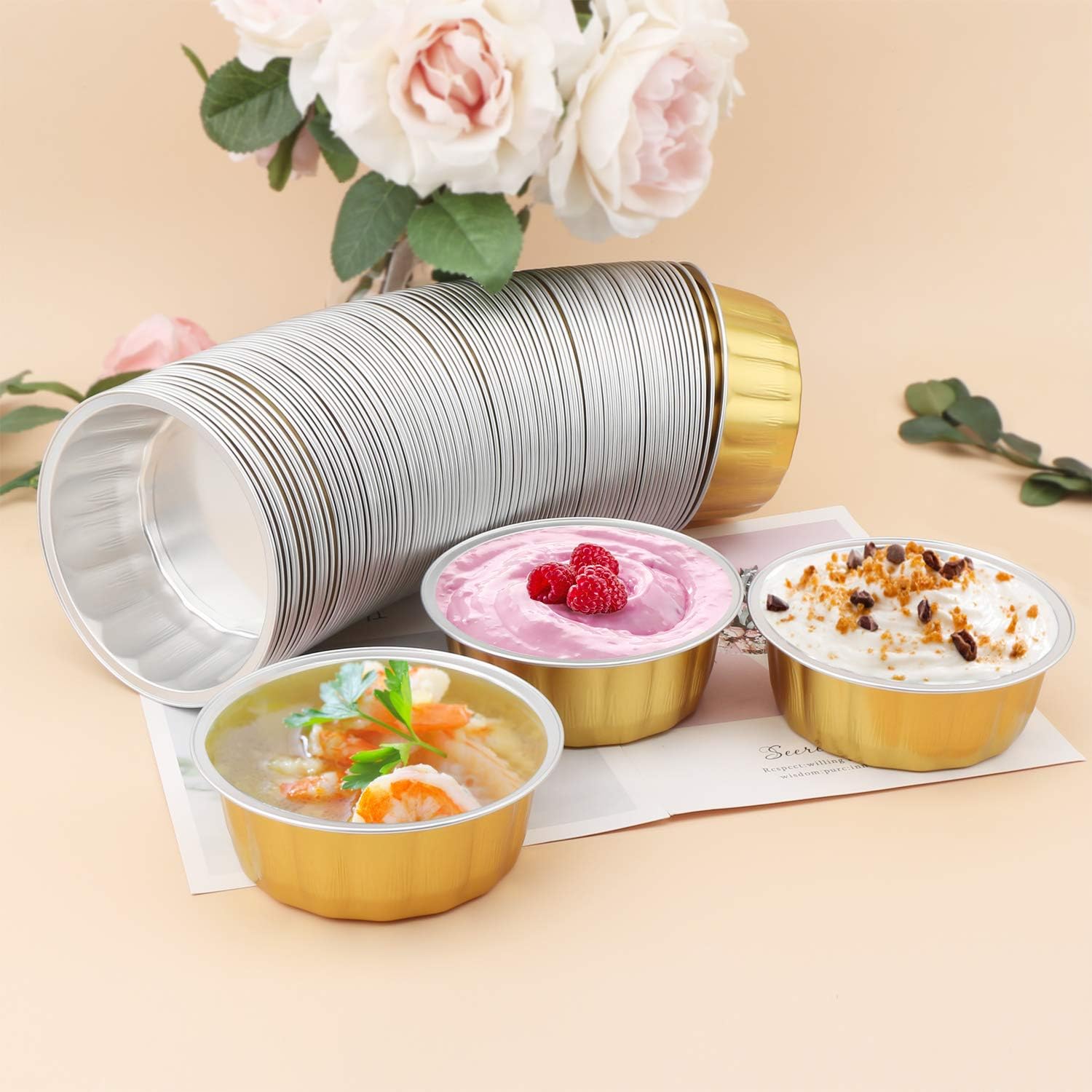 8 oz 100 Pack Disposable Foil Cups Baking Utility 3.9" Cup Muffin Cupcake Aluminum Baking Cup Mini Pudding Souffle Cups for Party Wedding Birthday - Gold